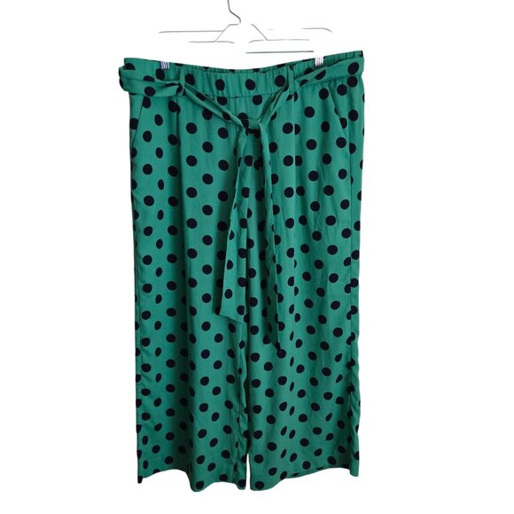 Halogen Wide Leg Green Black Polka Dot Paperbag Pants Size L - Picture 2 of 7